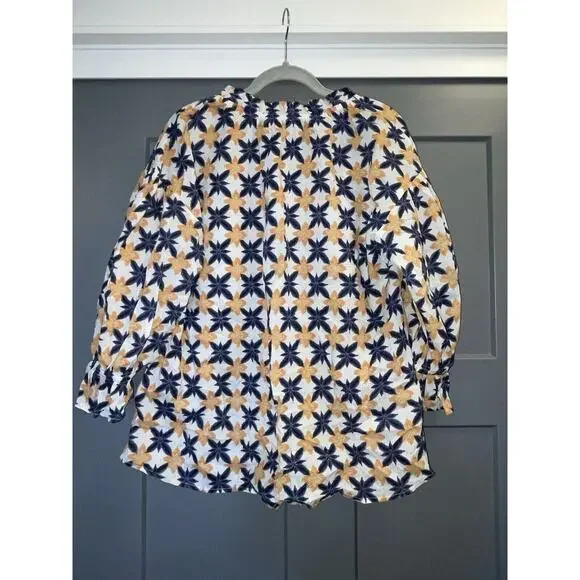 Ro's Garden Blue White Floral Lavinia Rachel Shirt Bell Cuff Block Cotton S - Picture 6 of 9